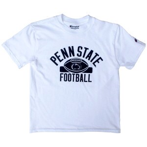 youth white short sleeve t-shirt with screened Penn State Football, Athletic Logo, and football graphic
